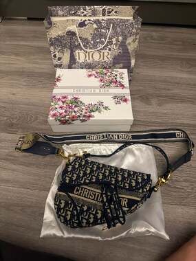 Christian Dior Blue Oblique Embroidery Saddle Bag with Matching Strap